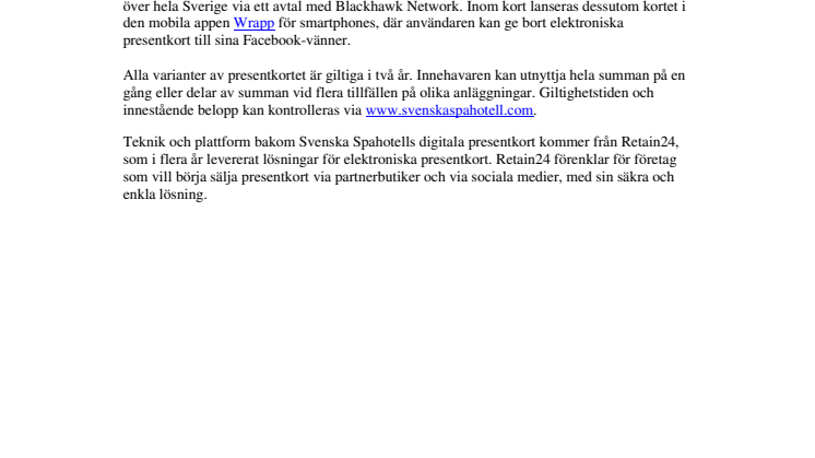 Svenska Spahotells elektroniska presentkort nu även via Facebook.