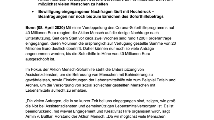 Corona-Soforthilfe: Aktion Mensch verzeichnet sehr große Nachfrage