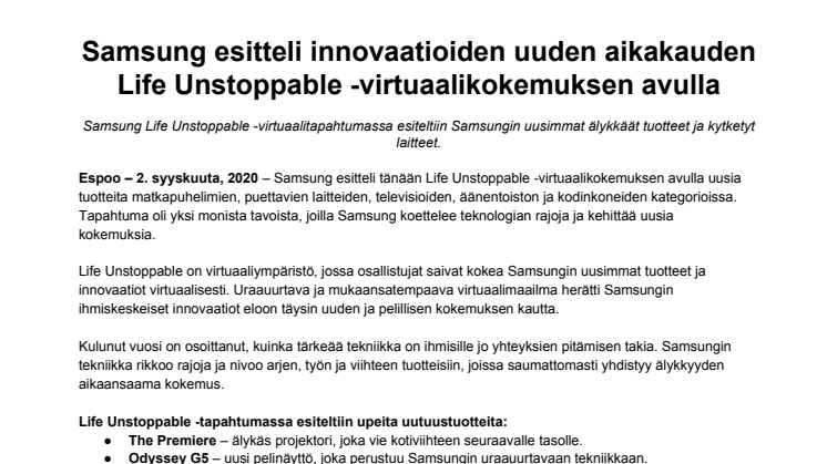 Samsung esitteli innovaatioiden uuden aikakauden Life Unstoppable -virtuaalikokemuksen avulla