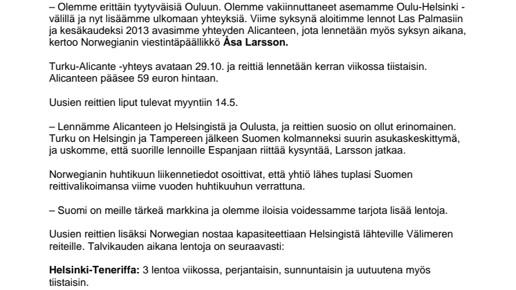 Norwegian avaa uusia reittejä Oulusta ja Turusta 