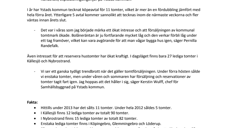 Tomtförsäljningen har ökat i Ystad under 2013