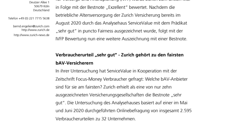 Zurich bAV mehrfach ausgezeichnet 