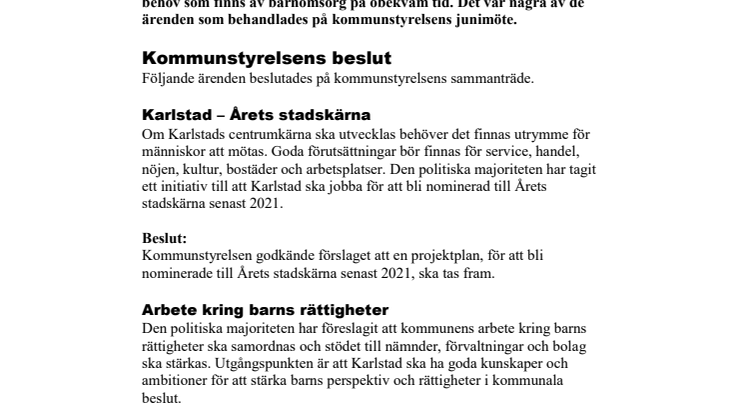Kommunstyrelsen i korthet den 18 juni