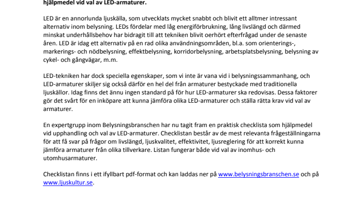 Ny checklista underlättar vid val av LED-armaturer