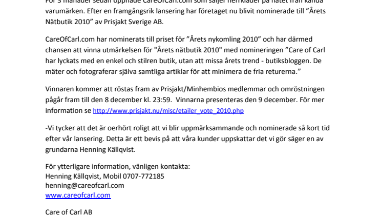 CareOfCarl.com nominerade till årets nätbutik!