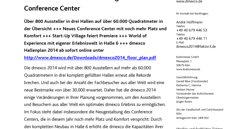 Hallenplan dmexco 2014 online: Über 800 Aussteller in 3 Hallen und neu gestaltetes Conference Center