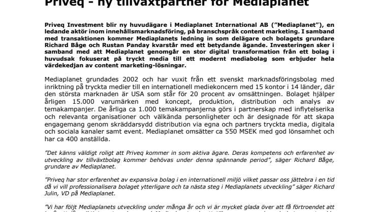 Priveq - ny tillväxtpartner för Mediaplanet