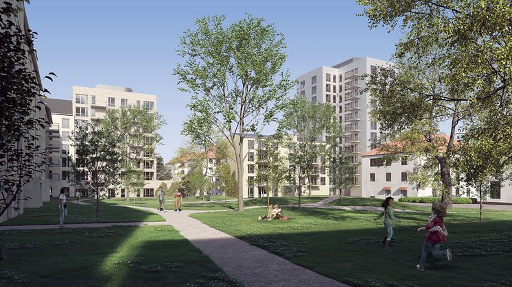 Ca 70 bostadsrätter kan bli möjliga i Östermalms Park (här illustrerat av det högre huset till höger i bilden)