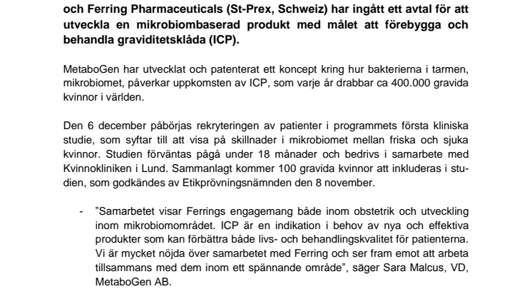 MetaboGen AB och Ferring Pharmaceuticals samarbetar i ett utvecklingsprojekt inom Intrahepatic Cholestasis of Pregnancy (ICP)