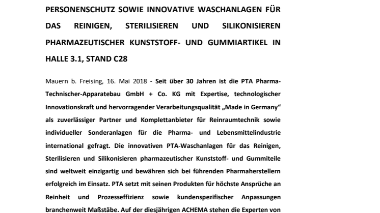 PTA PHARMA-TECHNISCHER-APPARATEBAU MIT ÜBERZEUGENDEM PRODUKTPROGRAMM FÜR DIE PHARMAZEUTISCHE INDUSTRIE AUF DER ACHEMA 2018