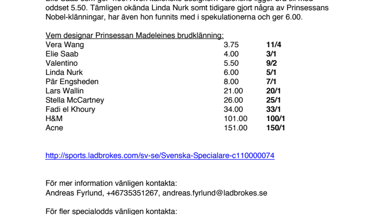 Hon designar Prinsessan Madeleines brudklänning enligt oddsen