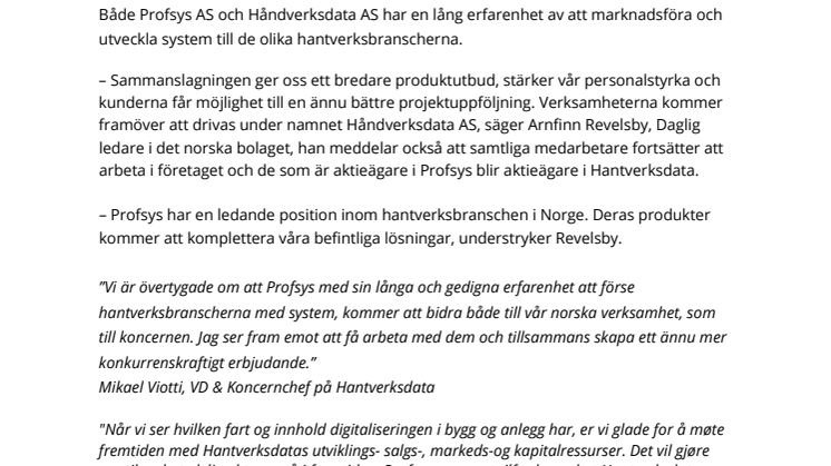 Håndverksdata AS och Profsys AS slår ihop sina verksamheter