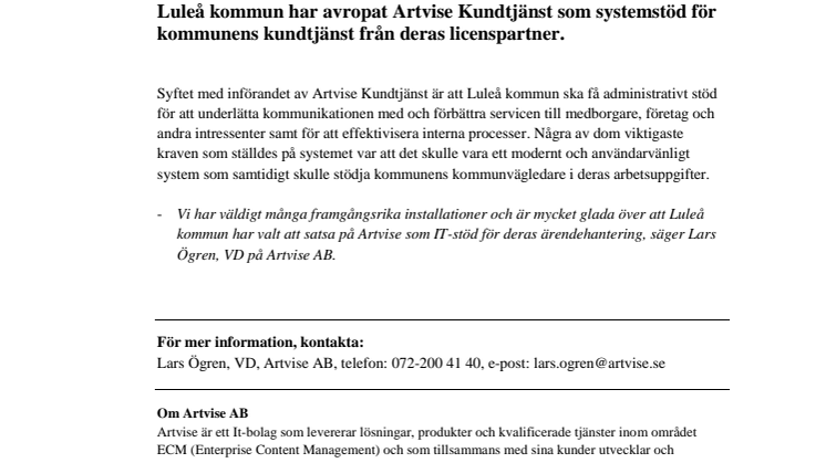 Artvise får order från Luleå kommun gällande Artvise Kundtjänst!