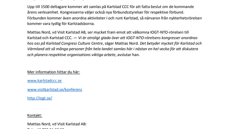 IOGT-NTO-rörelsens kongresser till Karlstad 2017