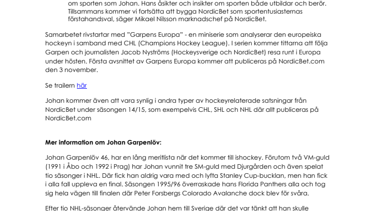 Johan Garpenlöv till NordicBet