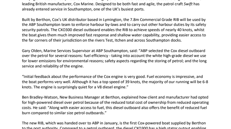 20 June 22 - Cox Marine's High-Powered Diesel CXO300 Drives Southampton Port's New Patrol RIB.pdf
