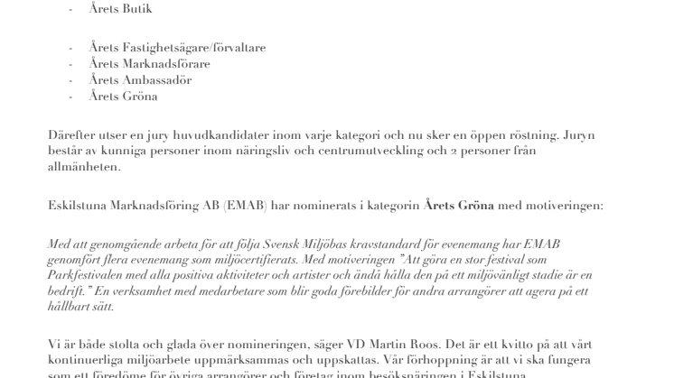 Eskilstuna Marknadsföring AB nomineras till Årets Gröna