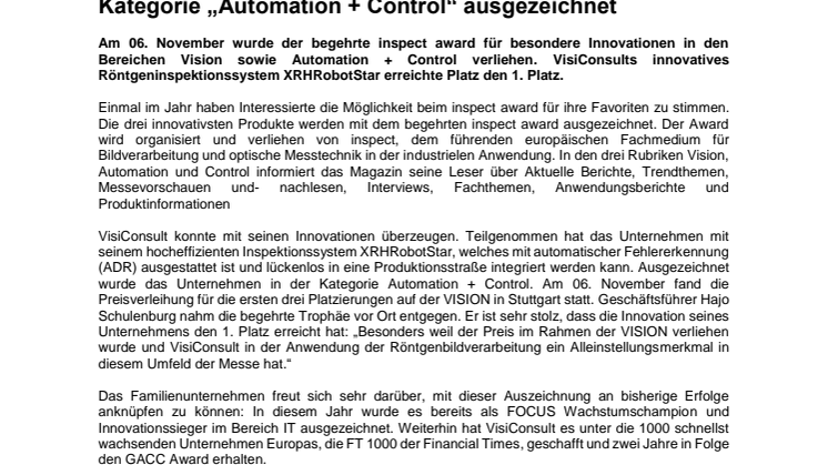 VisiConsult als Sieger des inspect awards 2019 in der Kategorie „Automation + Control“ ausgezeichnet