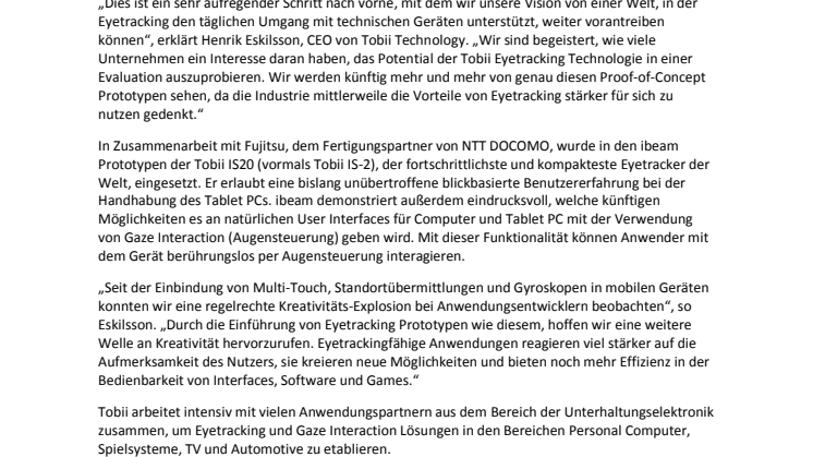 Tobii und NTT DOCOMO präsentieren einzigartigen Eyetracking Tablet PC