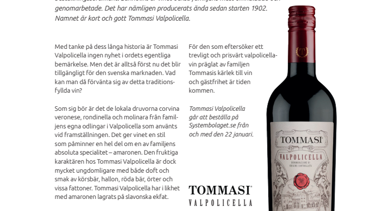 Nu släpps en riktig Tommasi-klassiker från Valpolicella