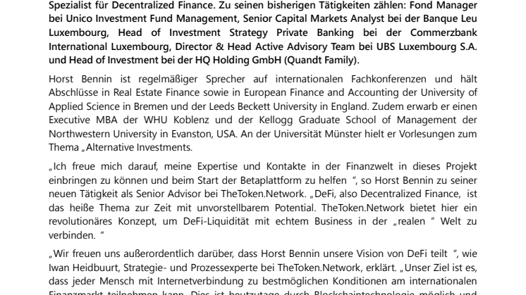 Horst Bennin als neuer Berater beim DeFi Projekt TheToken.Network