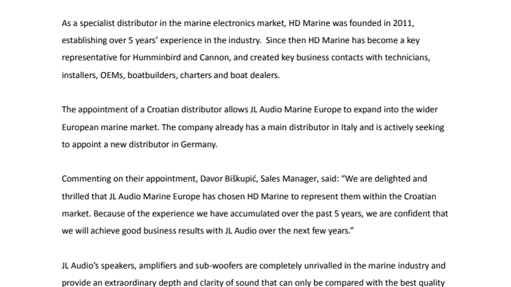 JL Audio Marine Europe:  Appoints New Croatian Distributor, HD Marine    