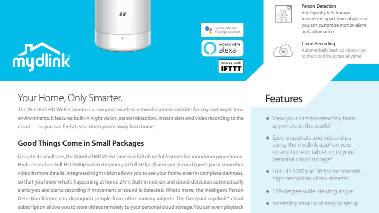 Datablad, D-Link DCS-8000LHV2 mini Full-HD Wi-Fi kamera