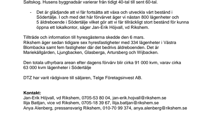 Rikshem förvärvar ytterligare 439 lägenheter i Södertälje