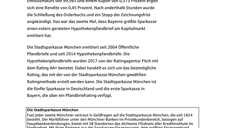 Stadtsparkasse München emittiert Pfandbrief mit 250 Mio. Euro