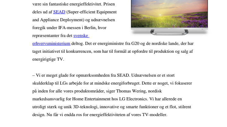 LG VINDER PRISEN FOR EUROPAS MEST ENERGIRIGTIGE TV