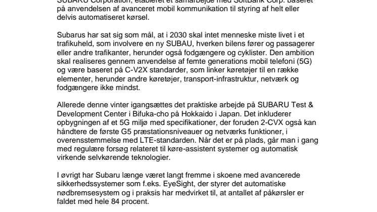 I 2030 skal ingen miste livet i trafikken i en SUBARU