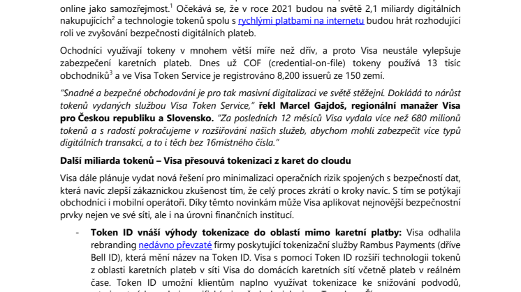 Visa překročila miliardu vydaných tokenů