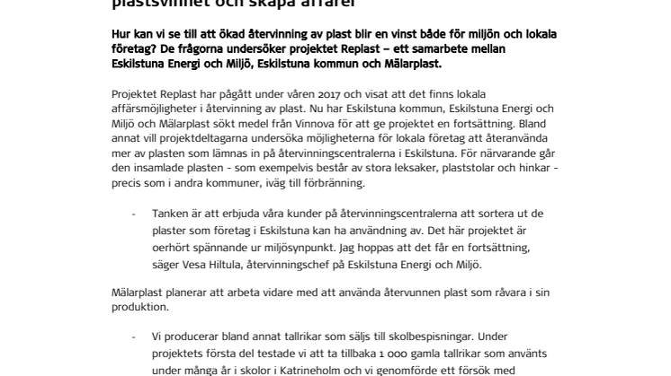 Eskilstunaprojekt ska minska plastsvinnet och skapa affärer