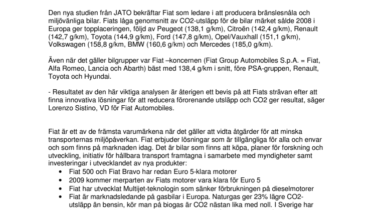 Fiat har lägst CO2-genomsnitt I Europa - även 2008
