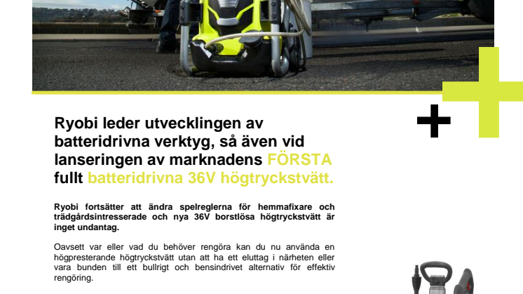 Friheten att tvätta allt, överallt - Ryobi lanserar 36V borstlös högtryckstvätt