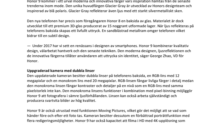 Livfull design, dubbla kameralinser och exklusivt ljud: Huawei lanserar nya flaggskeppet Honor 9