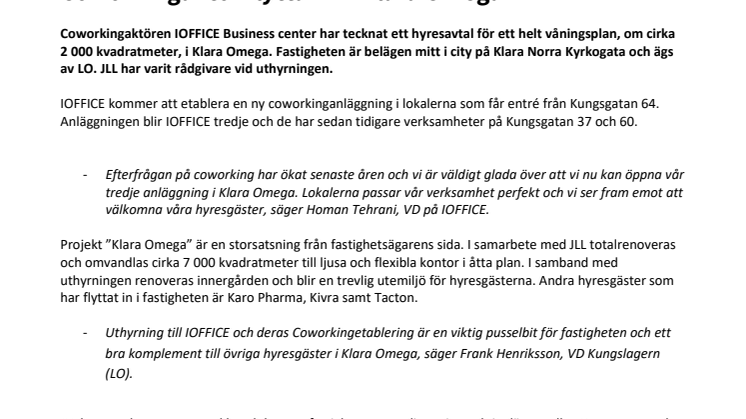Coworkingaktör flyttar in i Klara Omega