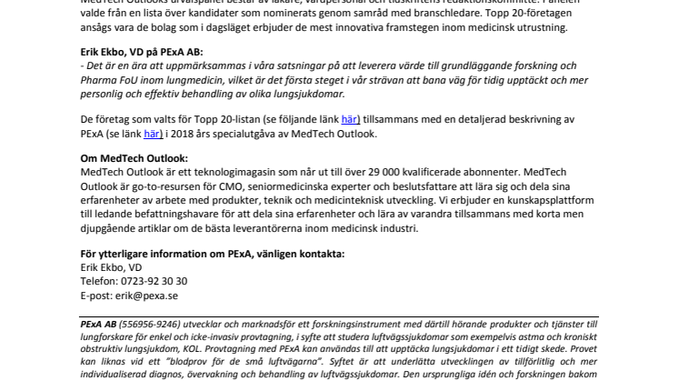 PExA utnämnd till en av  ”Top 20 MedTech Solution Providers” i  Europa 2018 av MedTech Outlook Magazine