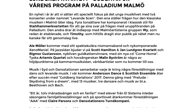 Musik i Syd presenterar: Ale Möller med XenoMania!, Rigmor Gustafsson, Scott Hamilton & Jan Lundgren Kvartett – det är några av godbitarna i vårens program på Palladium Malmö