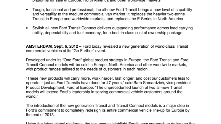Ford Reveals All-New Global Transit and Transit Connect Commercial Vehicles at ‘Go Further’ Event