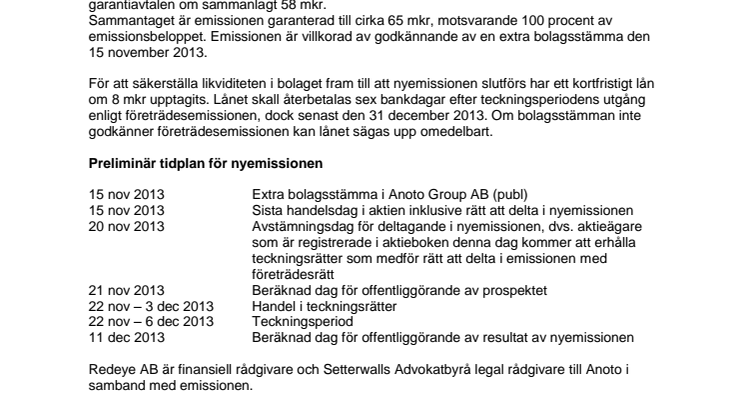 Anotos nyemission garanteras fullt ut och bolaget upptar kortfristigt lån om 8 mkr.