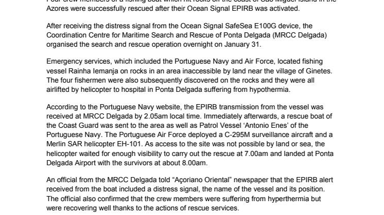 Ocean Signal : Four Fishermen Rescued In The Azores Following Alert From Ocean Signal Epirb