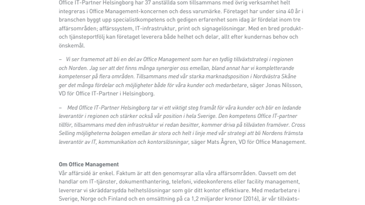 OFFICE MANAGEMENT FÖRVÄRVAR OFFICE IT-PARTNER I HELSINGBORG