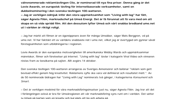 Umeå Energis film nominerad till flera nya stora pris