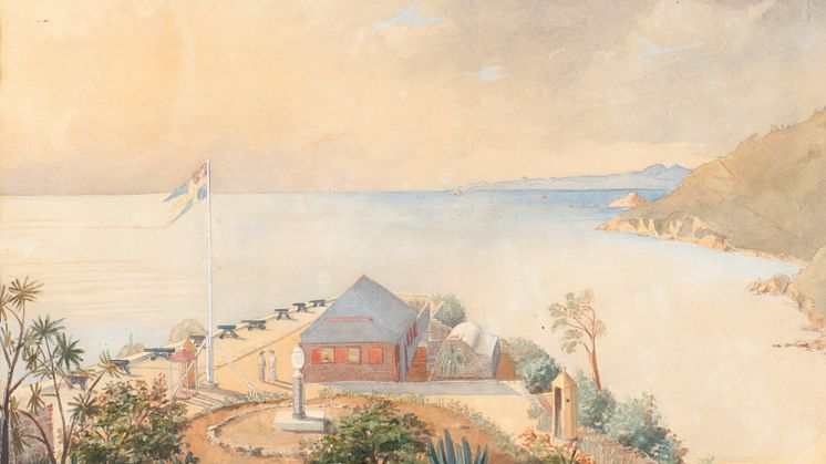 Batteriet G III S:t Barthélemy 1866, förmodligen målad av Anton Molander. Foto: Sjöhistoriska museet.