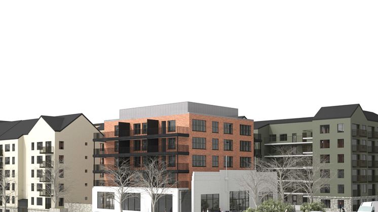MKB förvärvar fastigheten där Hedbergs Bil en gång fanns. Planen är att bygga 230 nya hyresbostäder. Illustration: Arkitekthuset.