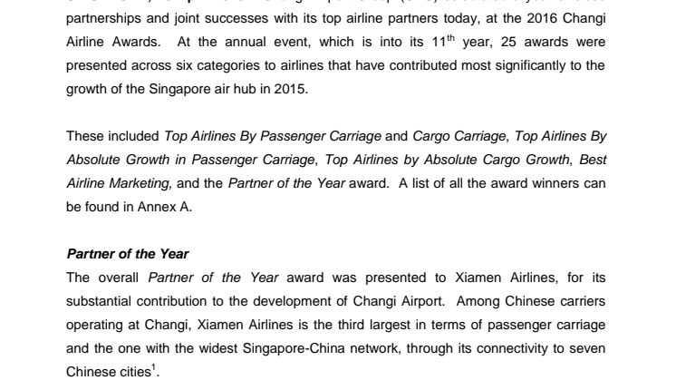 Changi Airport Group recognises top airline partners for contributions to the Singapore air hub