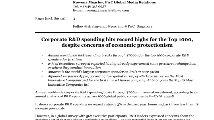 Corporate R&D spending hits record highs for the Top 1000, despite concerns of economic protectionism 