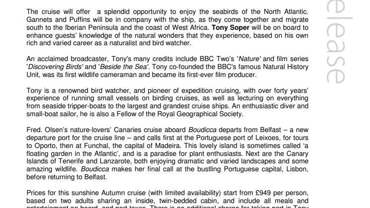 TV naturalist and broadcaster, Tony Soper, joins a  Fred. Olsen Cruise Lines’ Canaries cruise