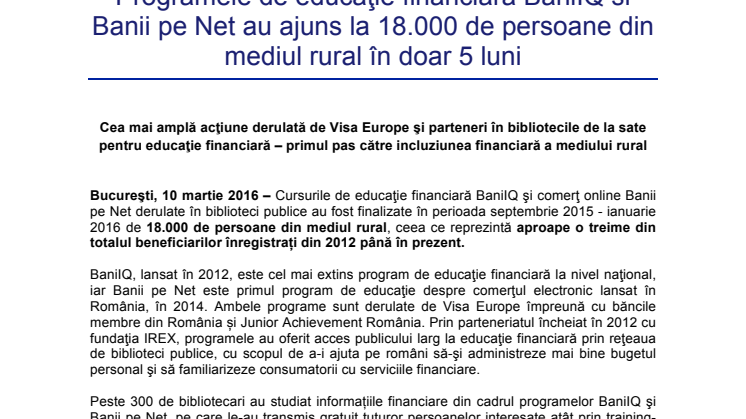 Programele de educaţie financiară BaniIQ si Banii pe Net au ajuns la 18.000 de persoane din mediul rural în doar 5 luni 